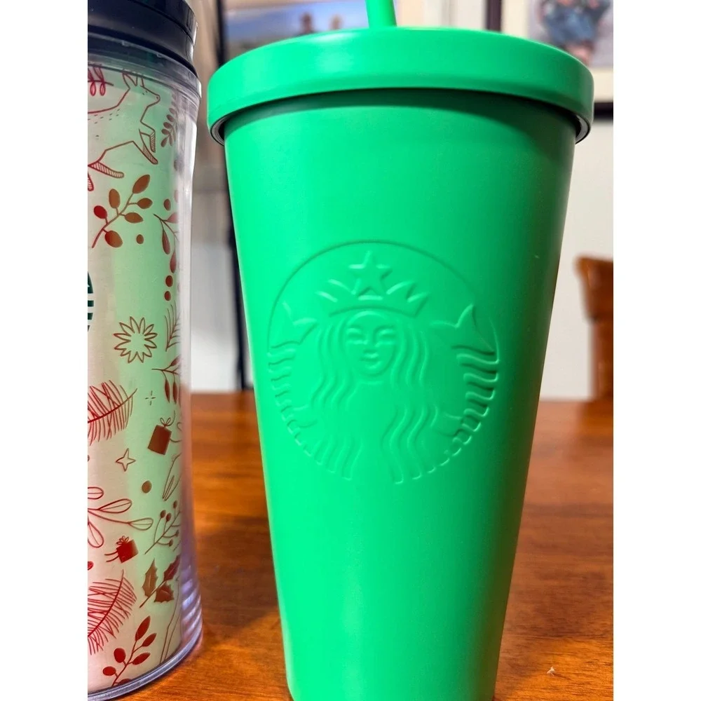LOT Starbucks 16oz Matte Green Stainless Steel Tumbler Holiday Fox Mug Cup Matte